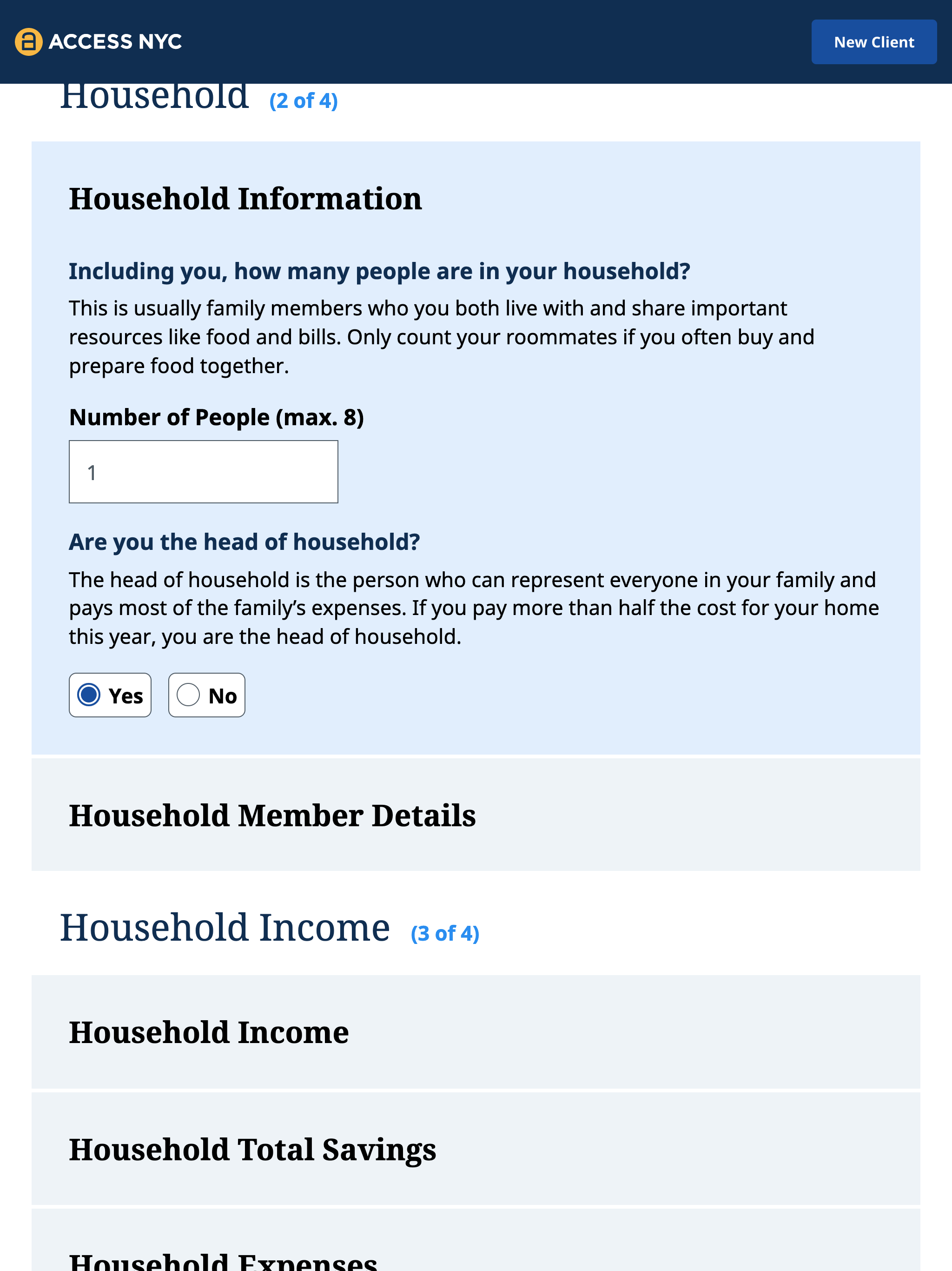 Screenshot of the household information section