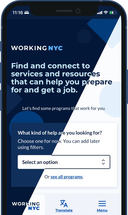 An image of a mobile device with a the working.nyc website on the screen