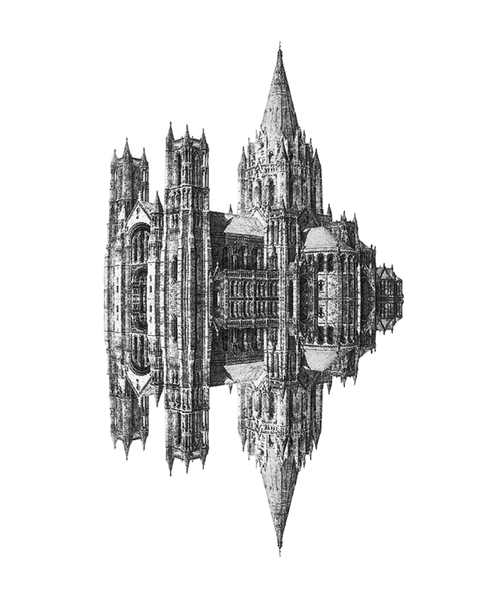 Black and white image of a cathedral mirrored vertically and suspended in space