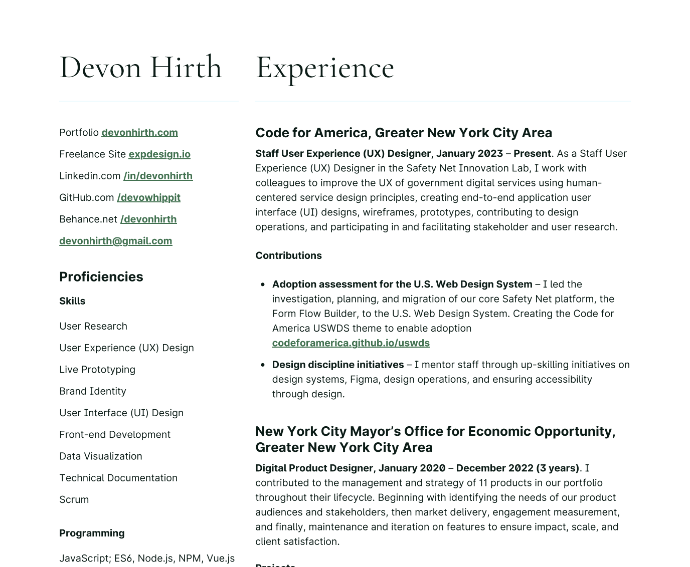 Screenshot of a the first page of a resume