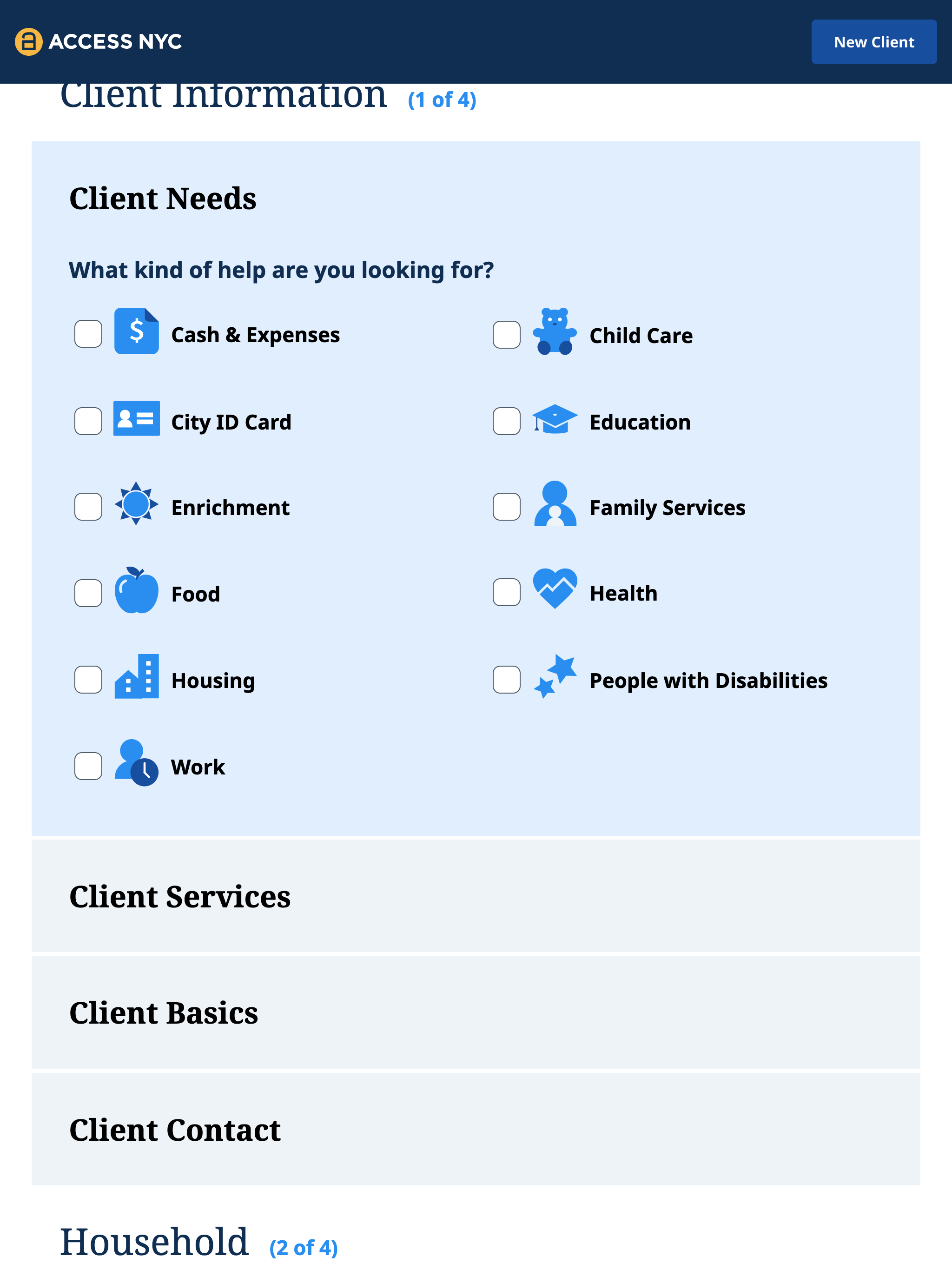 Screenshot of the client needs section