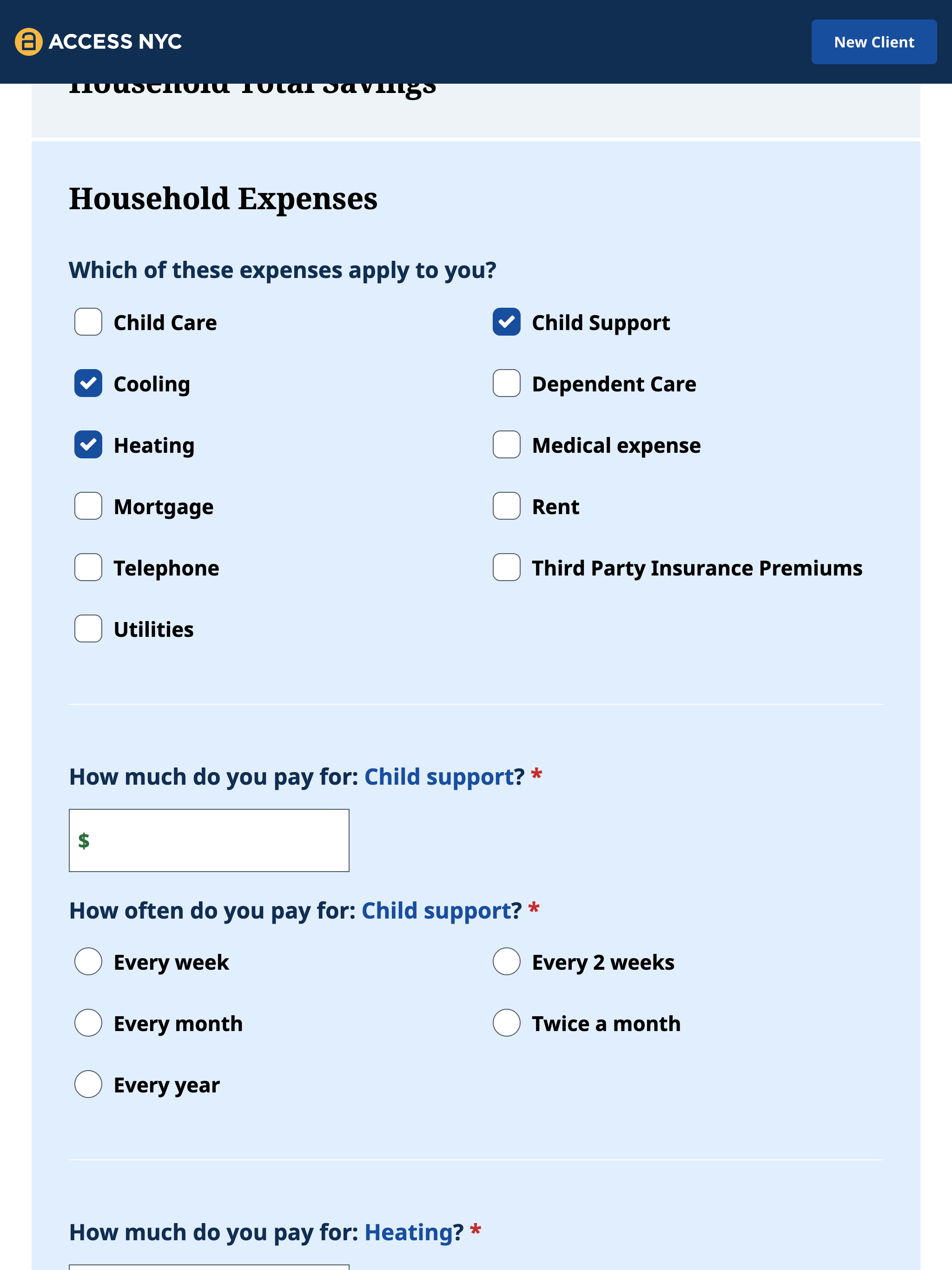 Screenshot of the household expenses section