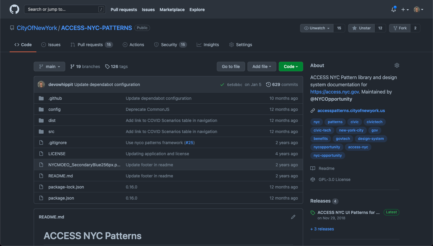 A screenshot of the ACCESS NYC UI Patterns documentation homepage.
