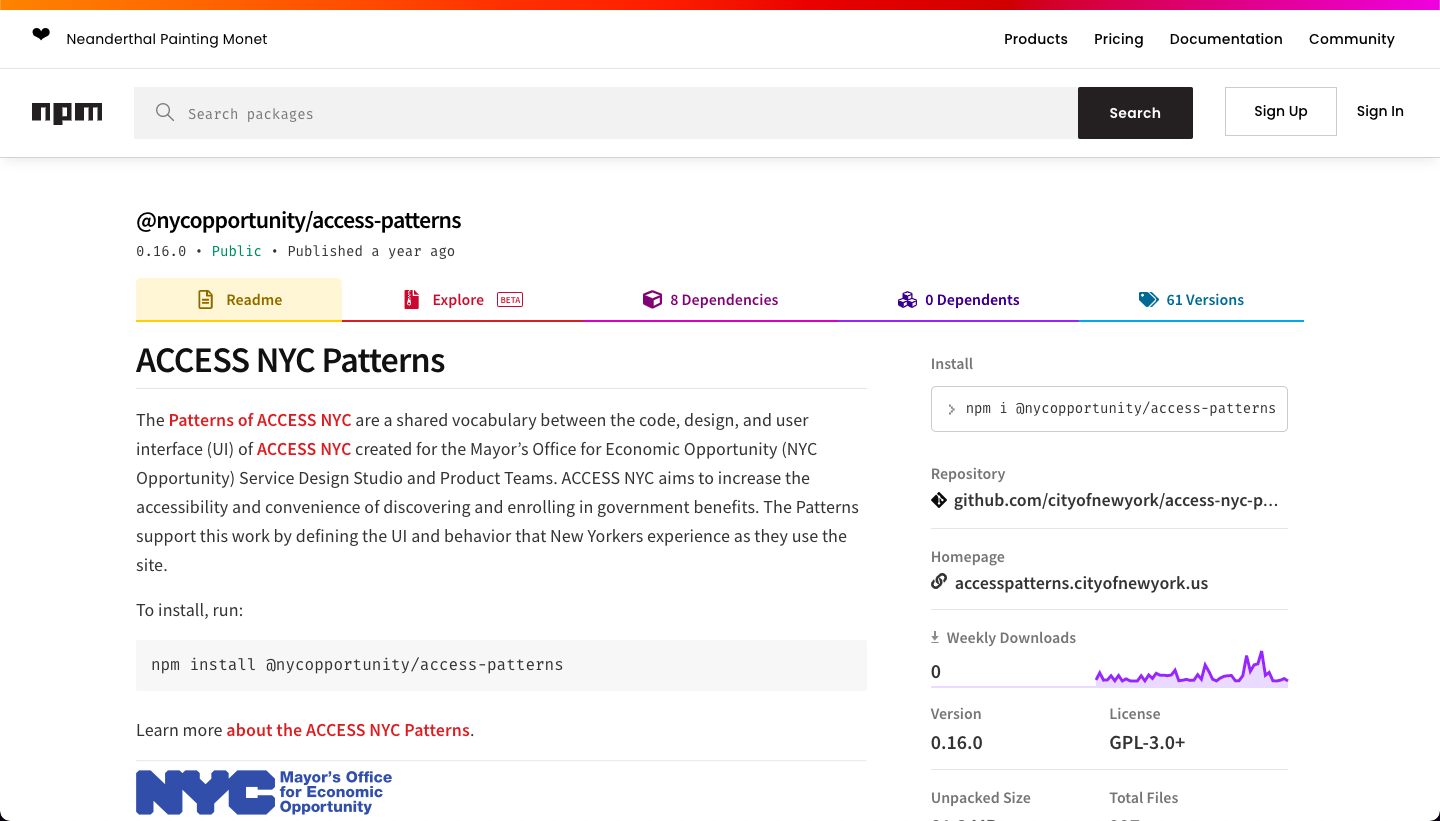 A screenshot of the ACCESS NYC UI Patterns documentation homepage.