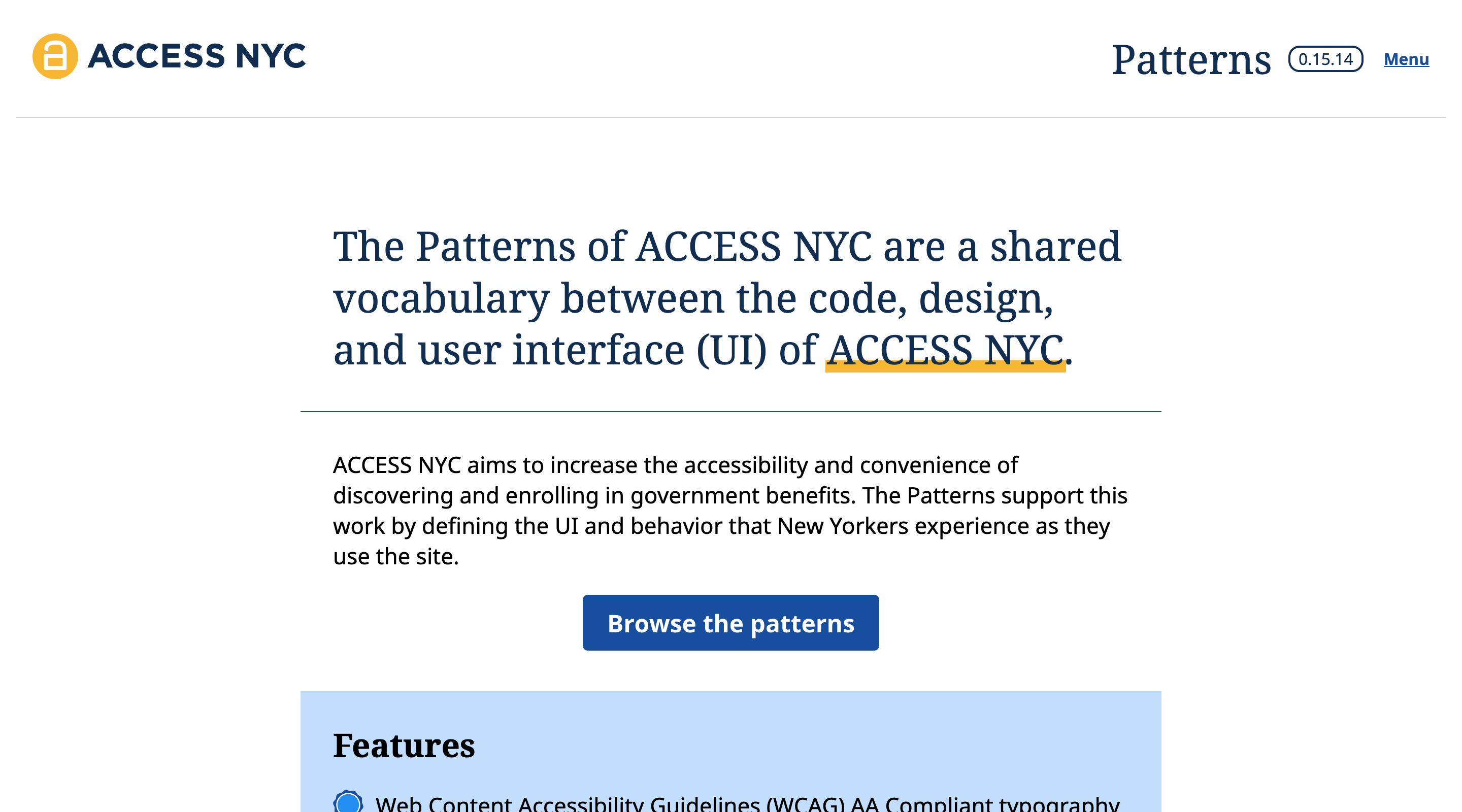 A screenshot of the ACCESS NYC UI Patterns documentation homepage.