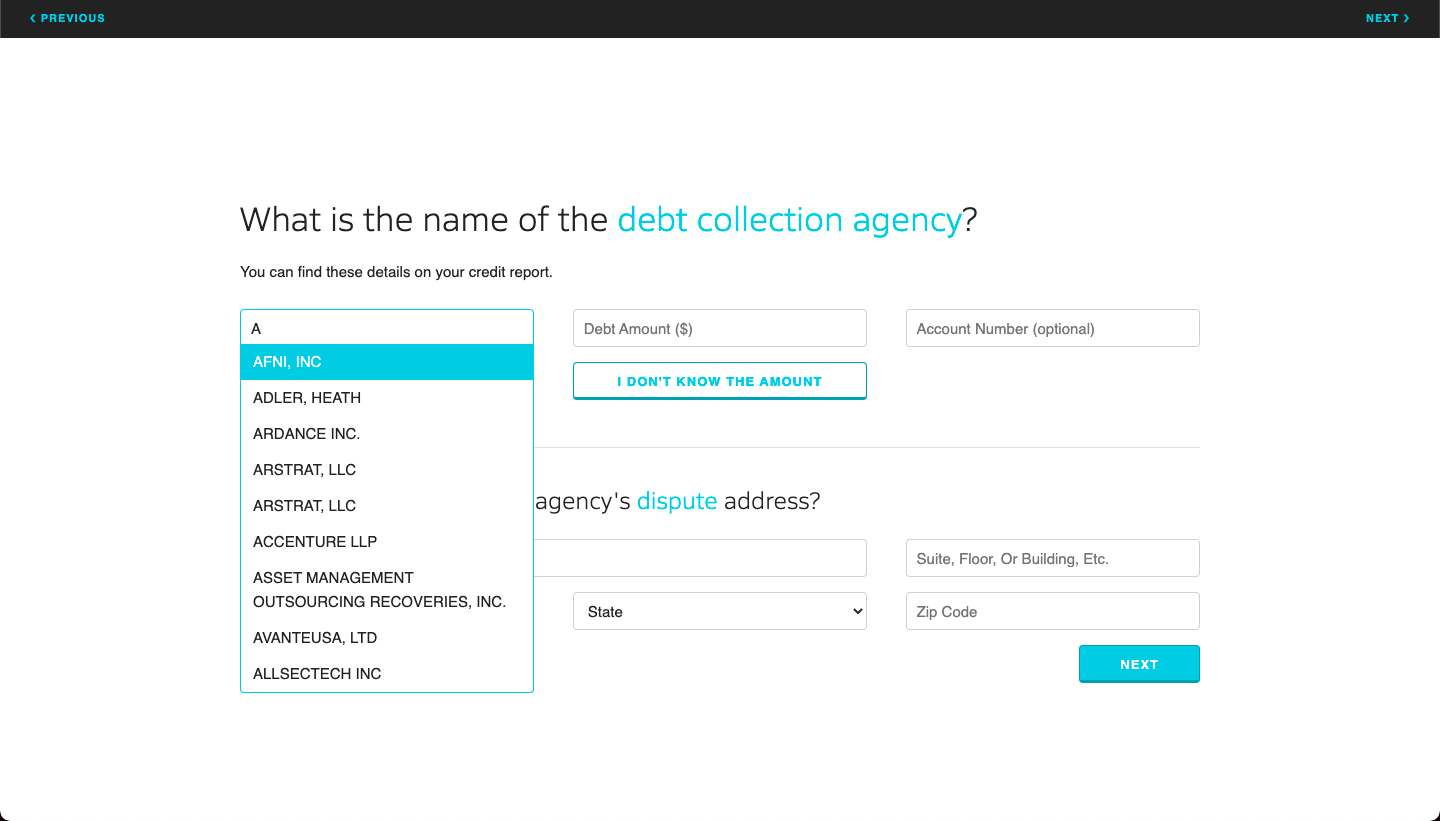 The creditor details autocomplete field.