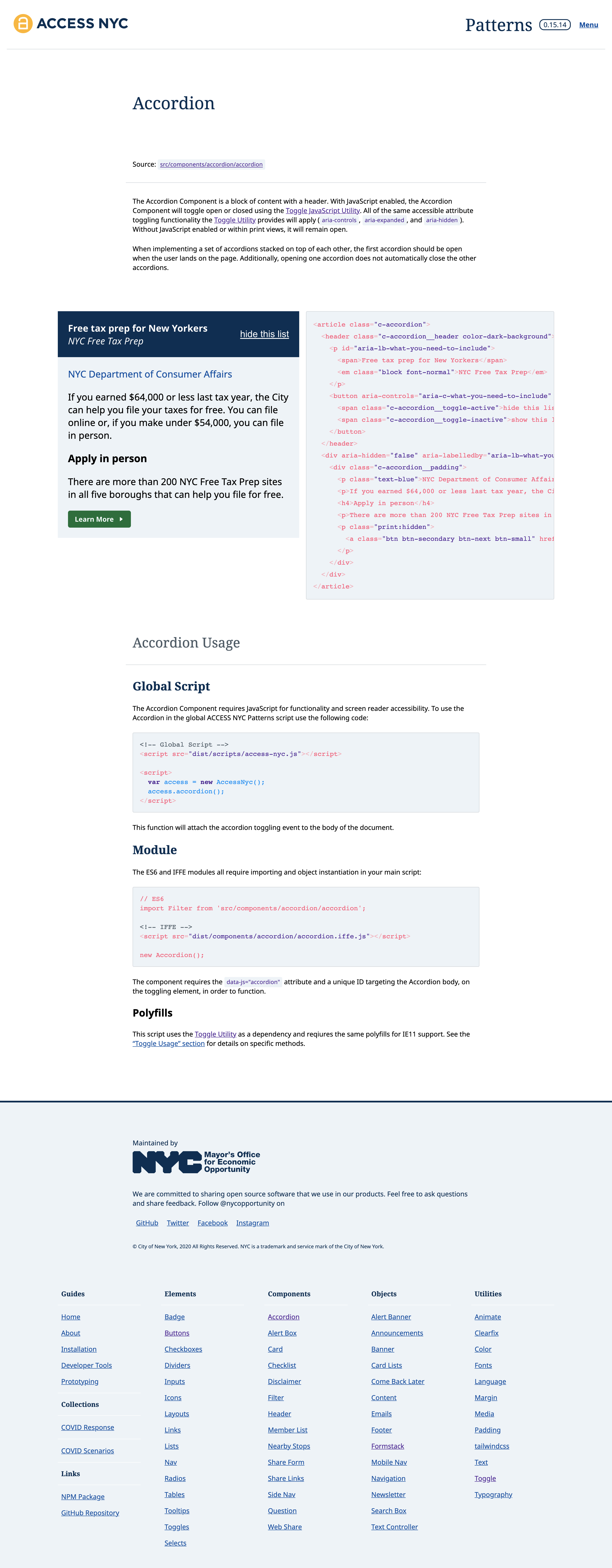 The ACCESS NYC UI Patterns accordion documentation page.
