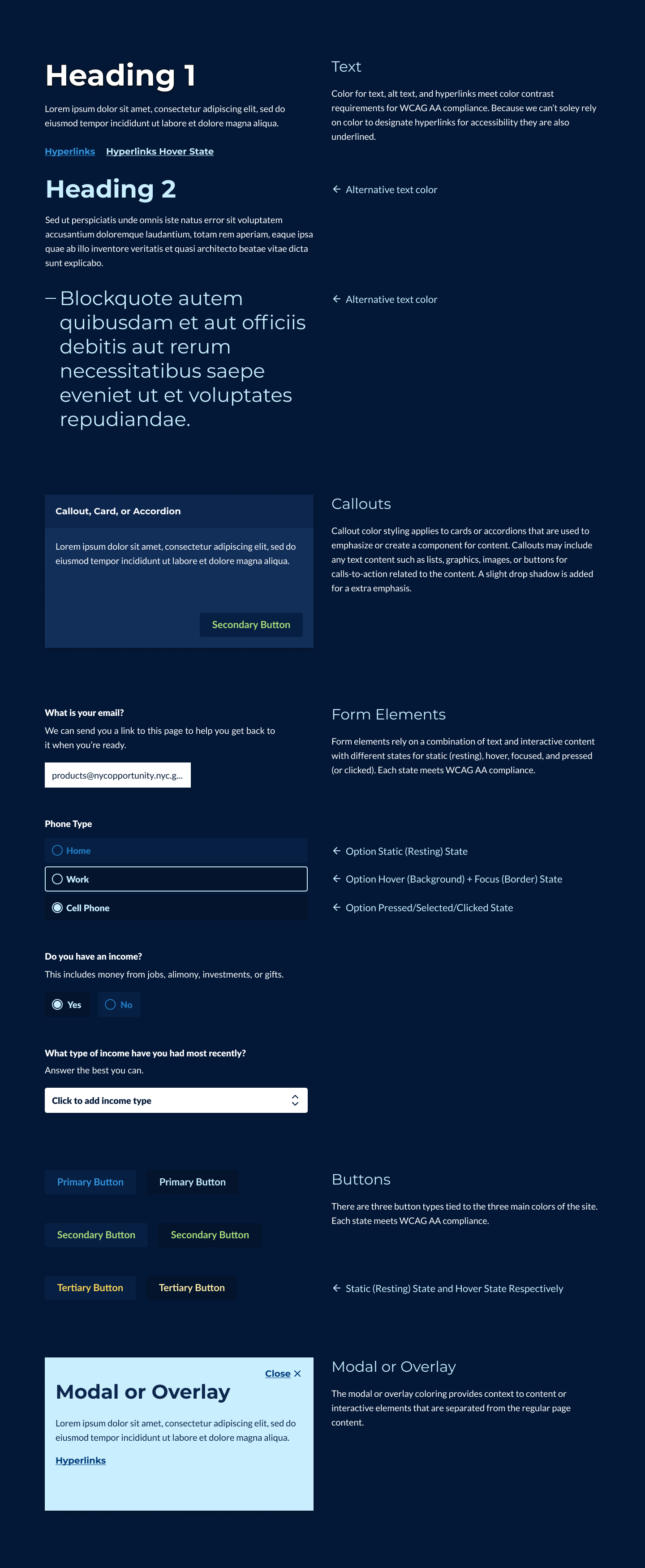 A screenshot of various website UI patterns such as typography, components, question inputs, and buttons.